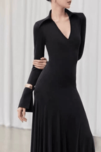 Amy Black Collared Deep V Long Sleeve Flared Dress Avalabel