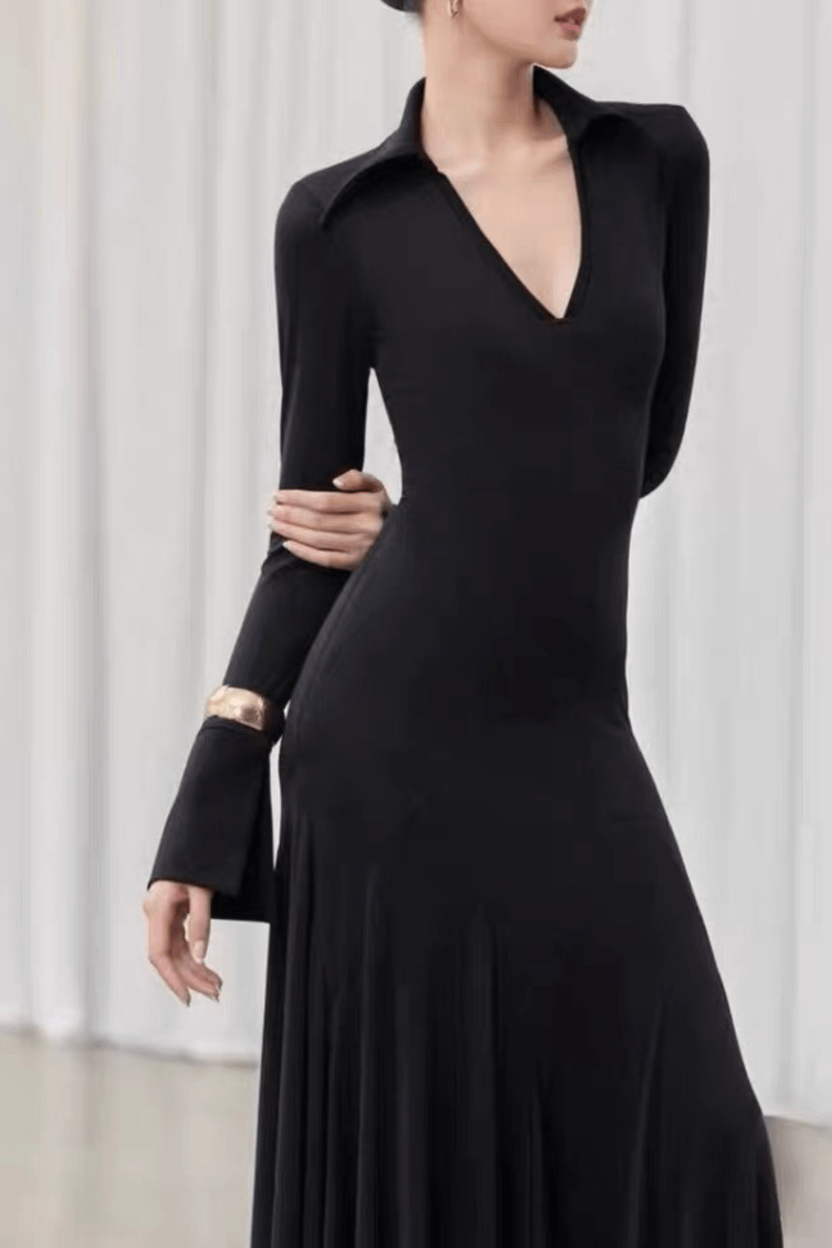 Amy Black Collared Deep V Long Sleeve Flared Dress Avalabel