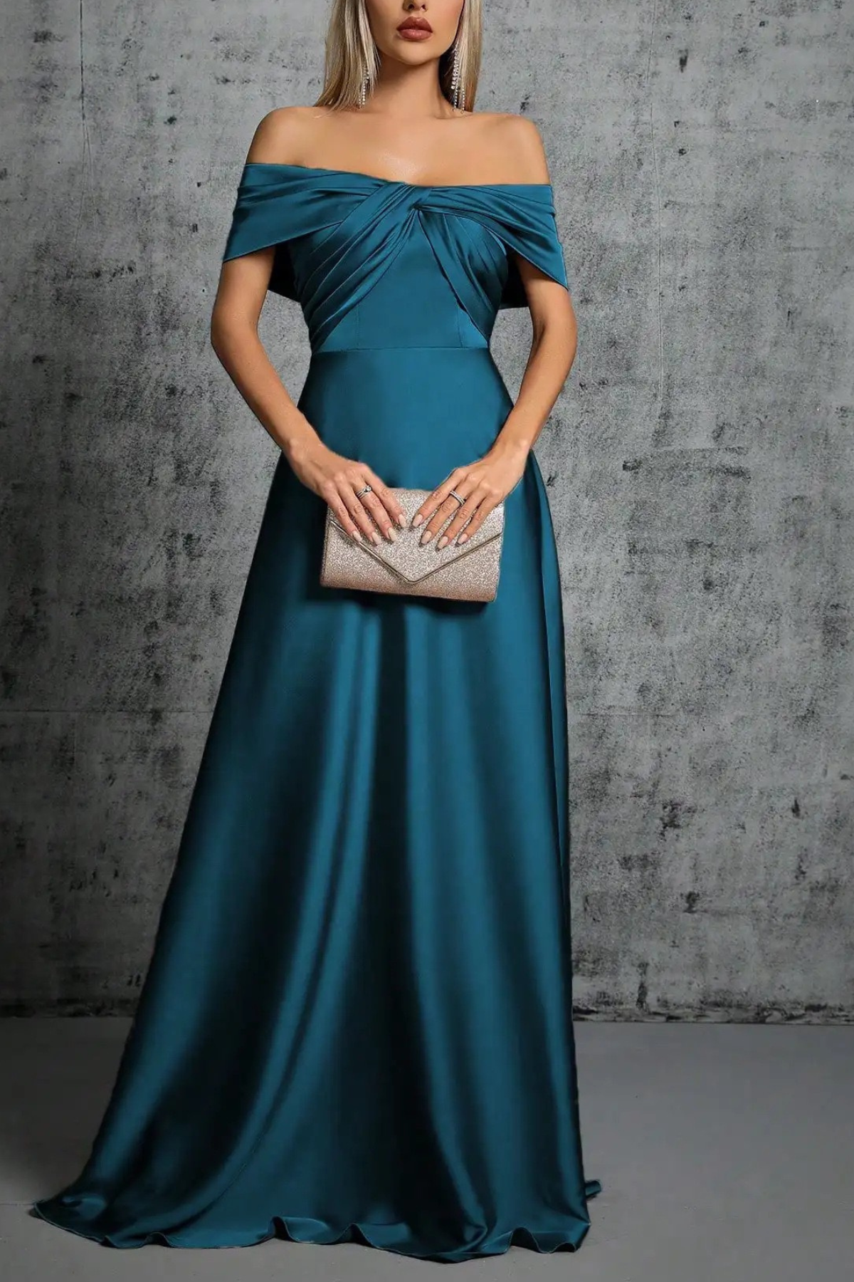 Rita Dusty Blue Satin Off‑Shoulder Twist Dress Avalabel