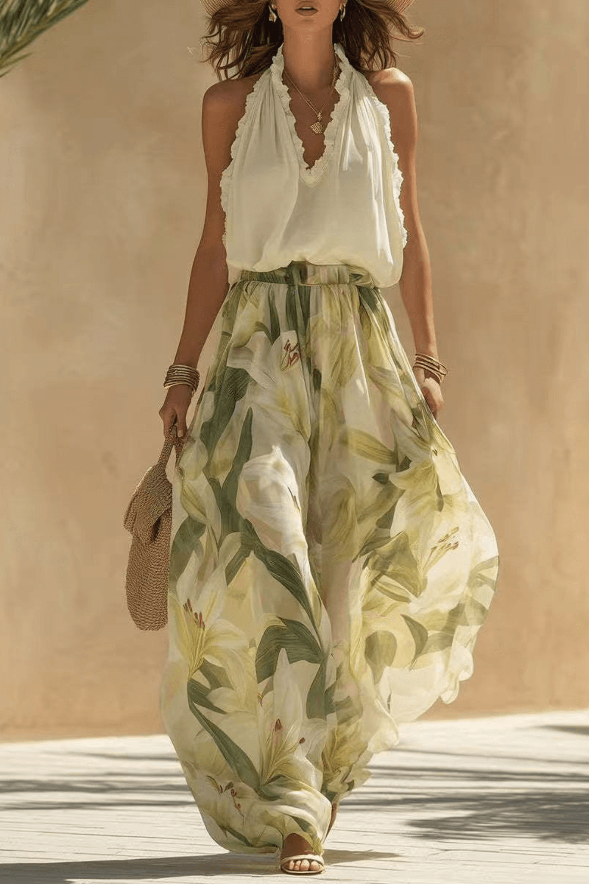 Ruffle Halter Top & Floral Maxi Skirt Matching Set Avalabel