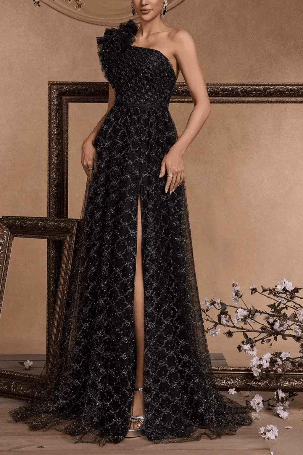 Vina One Shoulder Ruffle Embellished Tulle Slit Dress Avalabel