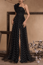 Vina One Shoulder Ruffle Embellished Tulle Slit Dress Avalabel