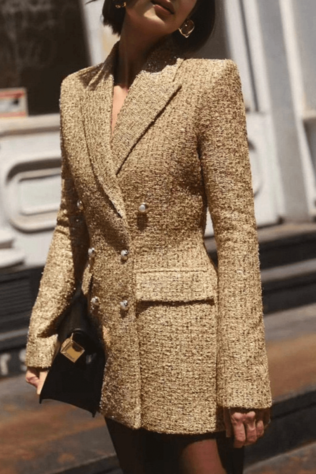 Karen Gold Tweed Double Breasted Fitted Blazer Avalabel