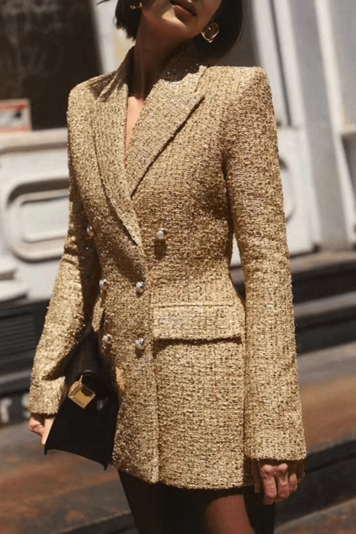 Karen Gold Tweed Double Breasted Fitted Blazer Avalabel