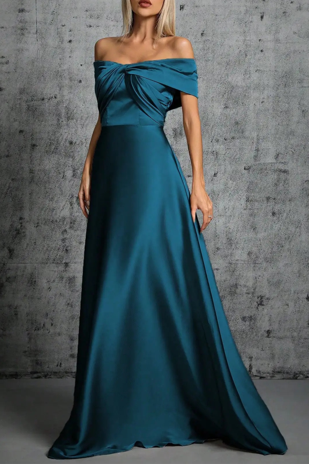 Rita Dusty Blue Satin Off‑Shoulder Twist Dress Avalabel
