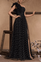 Vina One Shoulder Ruffle Embellished Tulle Slit Dress Avalabel