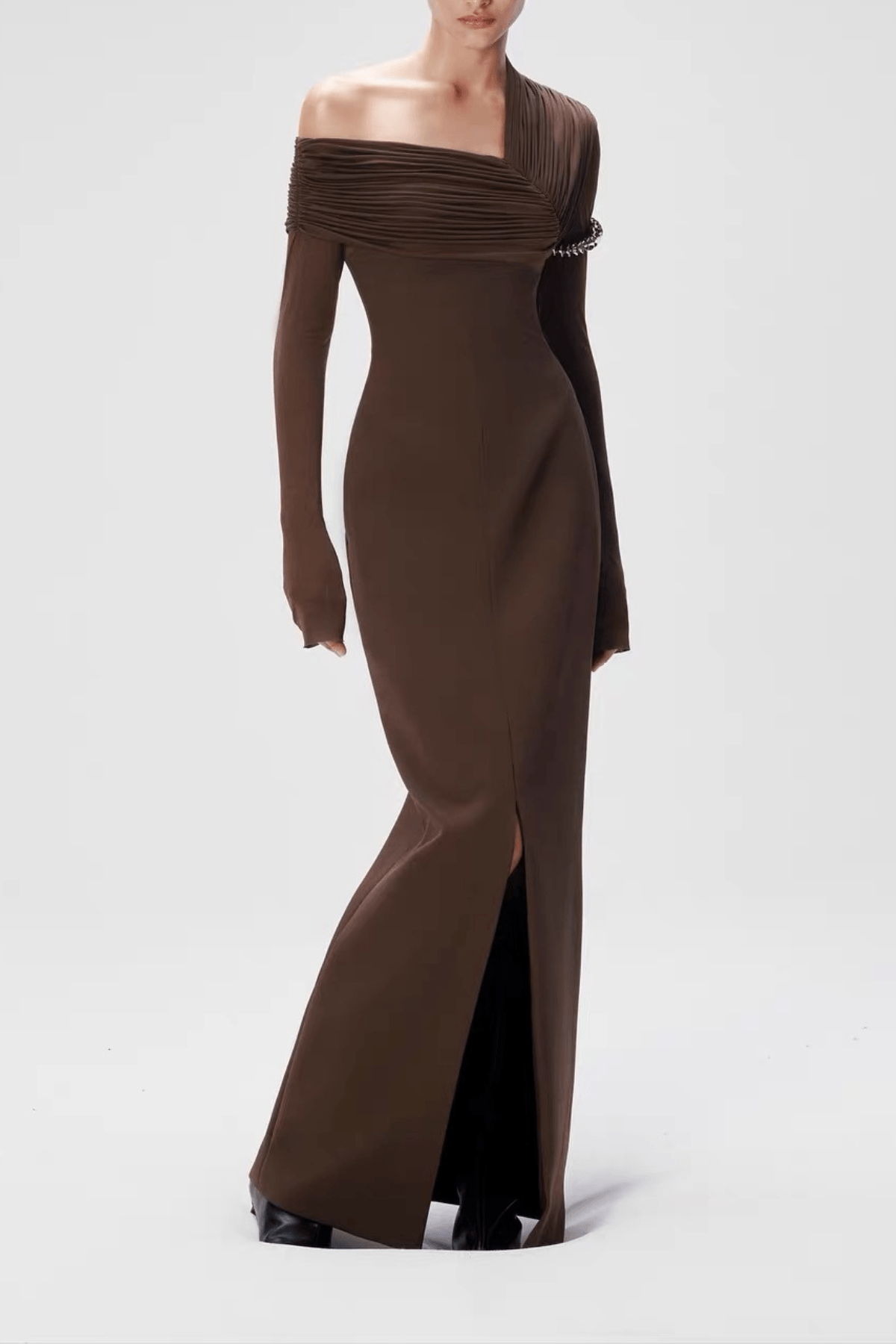 Aria Brown Asymmetrical Off Shoulder Slit Maxi Dress Avalabel