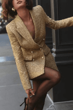 Karen Gold Tweed Double Breasted Fitted Blazer Avalabel