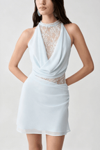 Elegant Lace Halter Neck Ruched A Line Mini Dress Avalabel