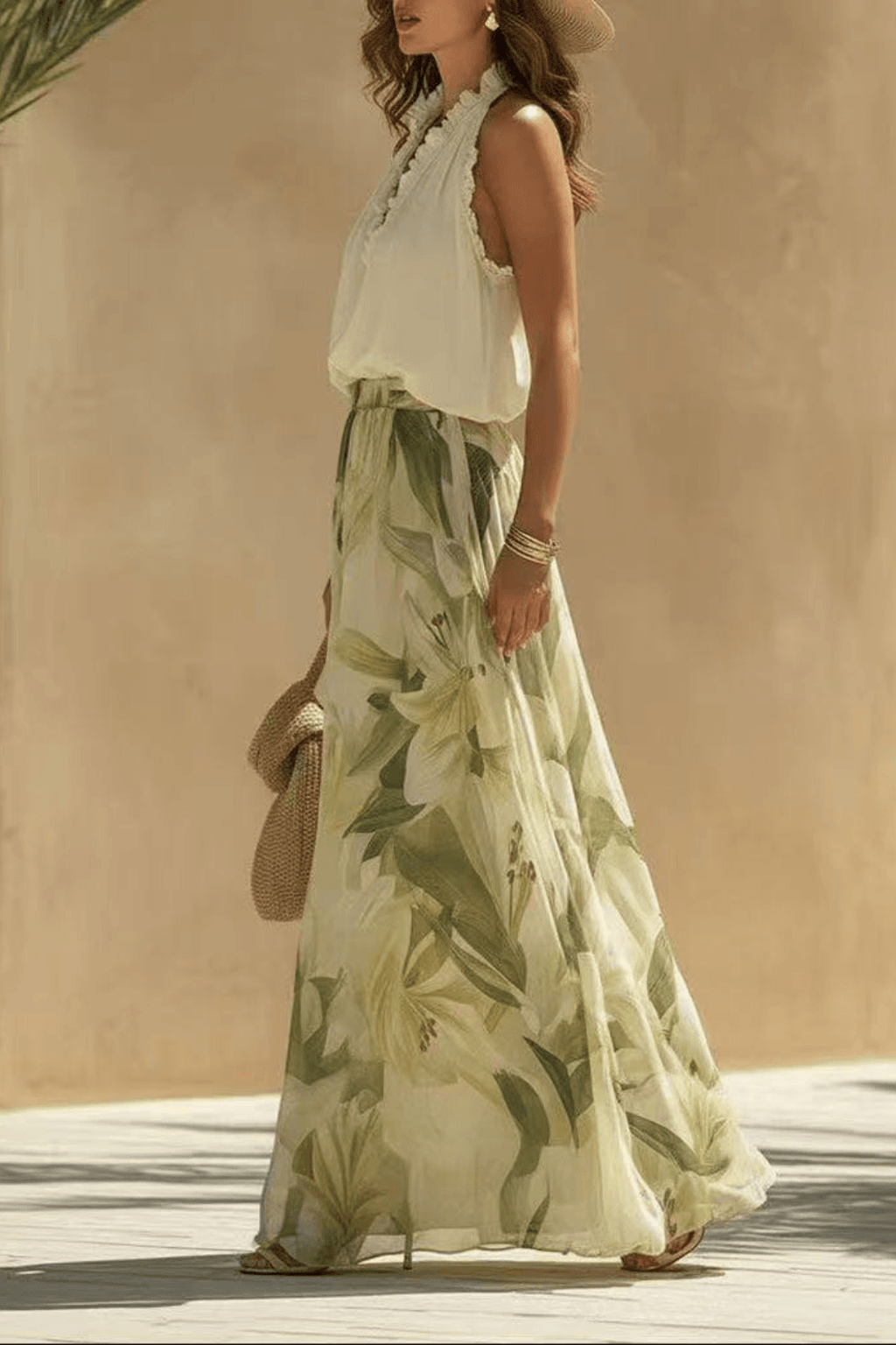 Ruffle Halter Top & Floral Maxi Skirt Matching Set Avalabel