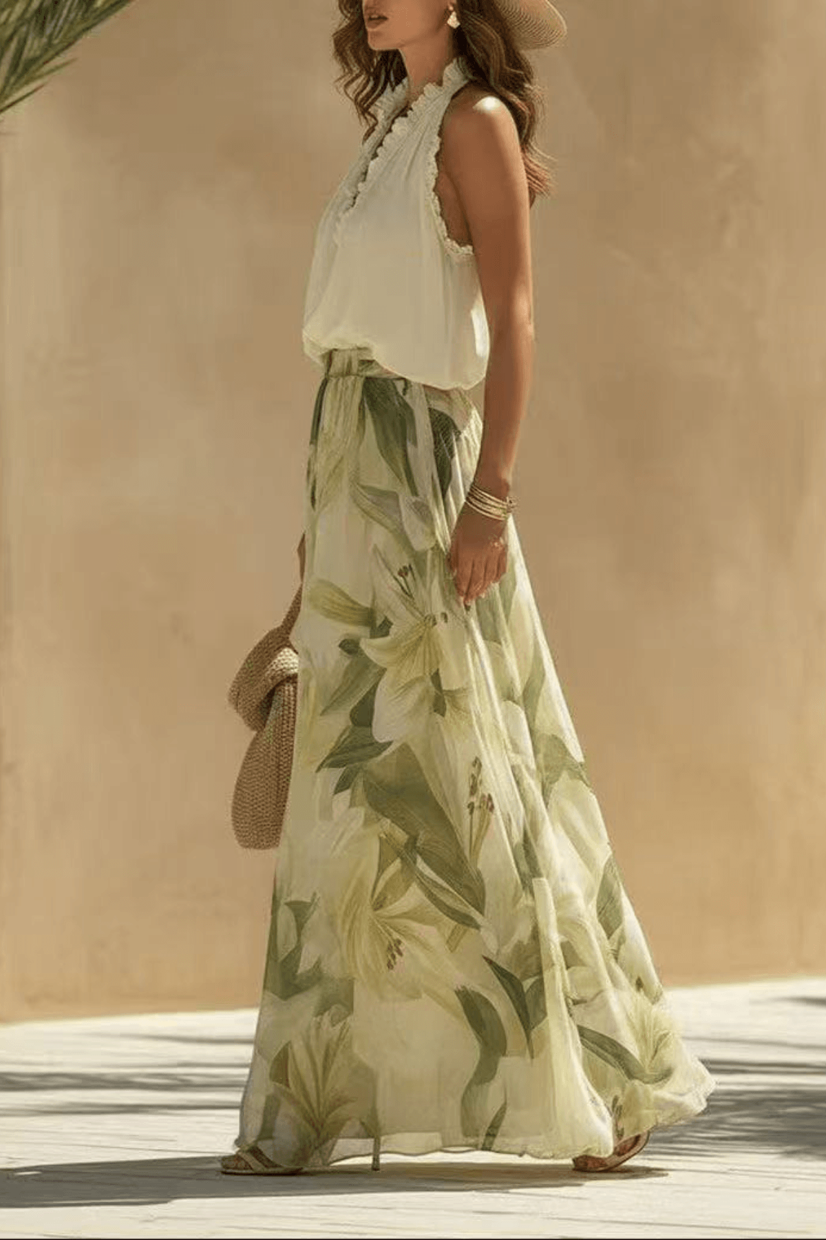 Ruffle Halter Top & Floral Maxi Skirt Matching Set Avalabel