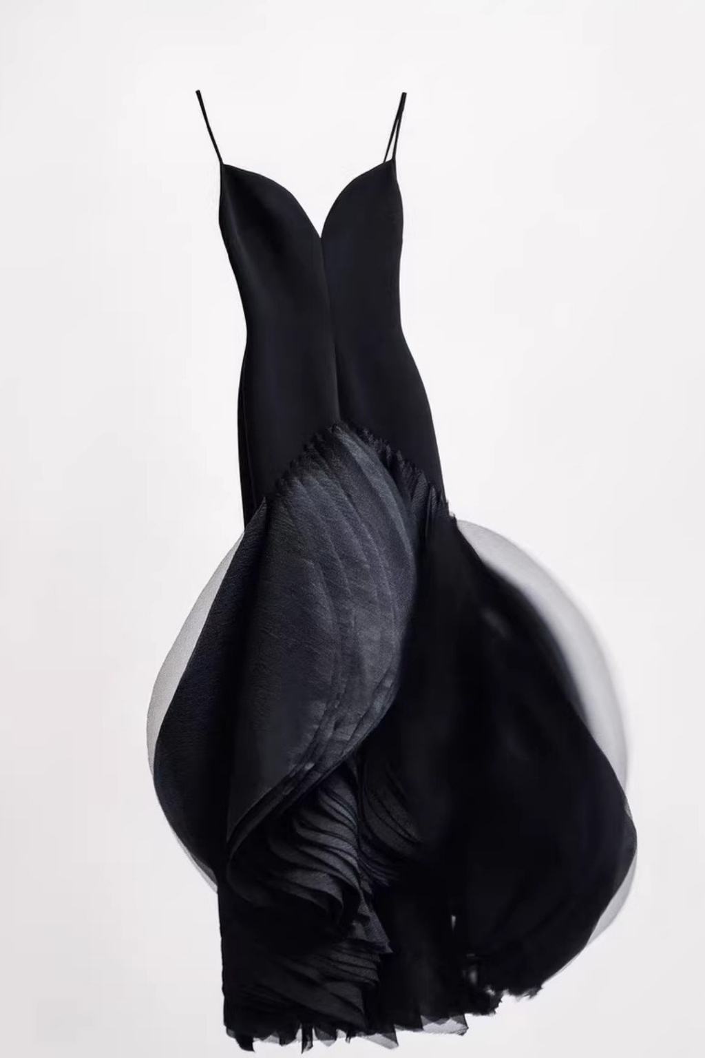 Lila Petal Neck Spaghetti Strap Black Tulle Midi Formal Dress Avalabel