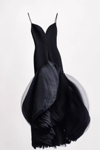 Lila Petal Neck Spaghetti Strap Black Tulle Midi Formal Dress Avalabel