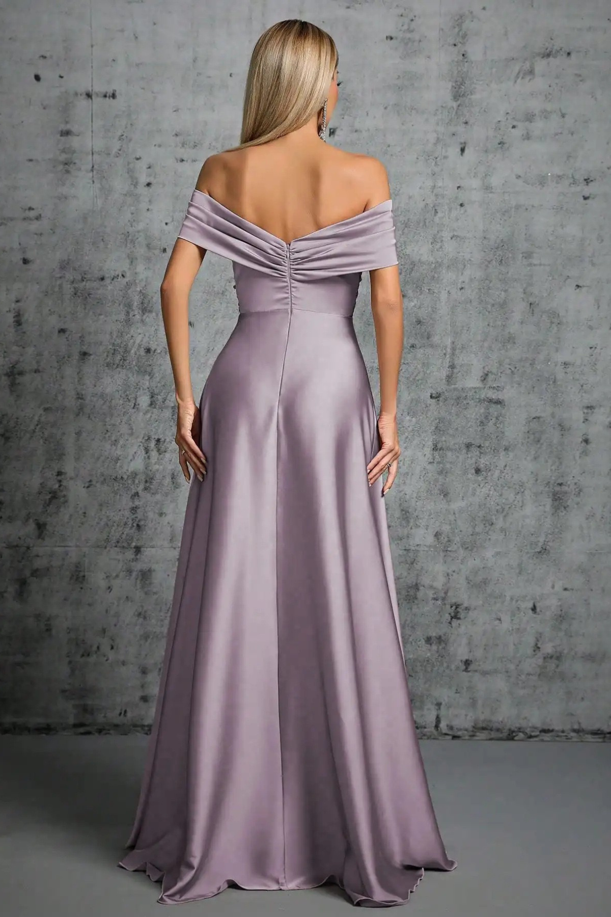 Rita Dusty Purple Satin Off‑Shoulder Twist Dress Avalabel