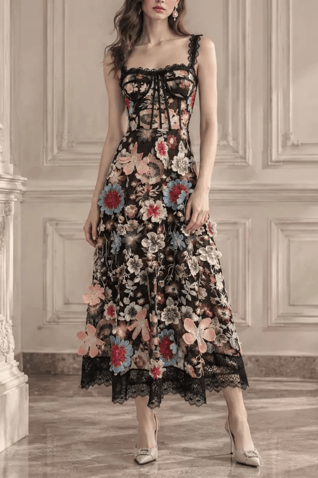Anwar 3D Floral Corset Midi Dress Avalabel