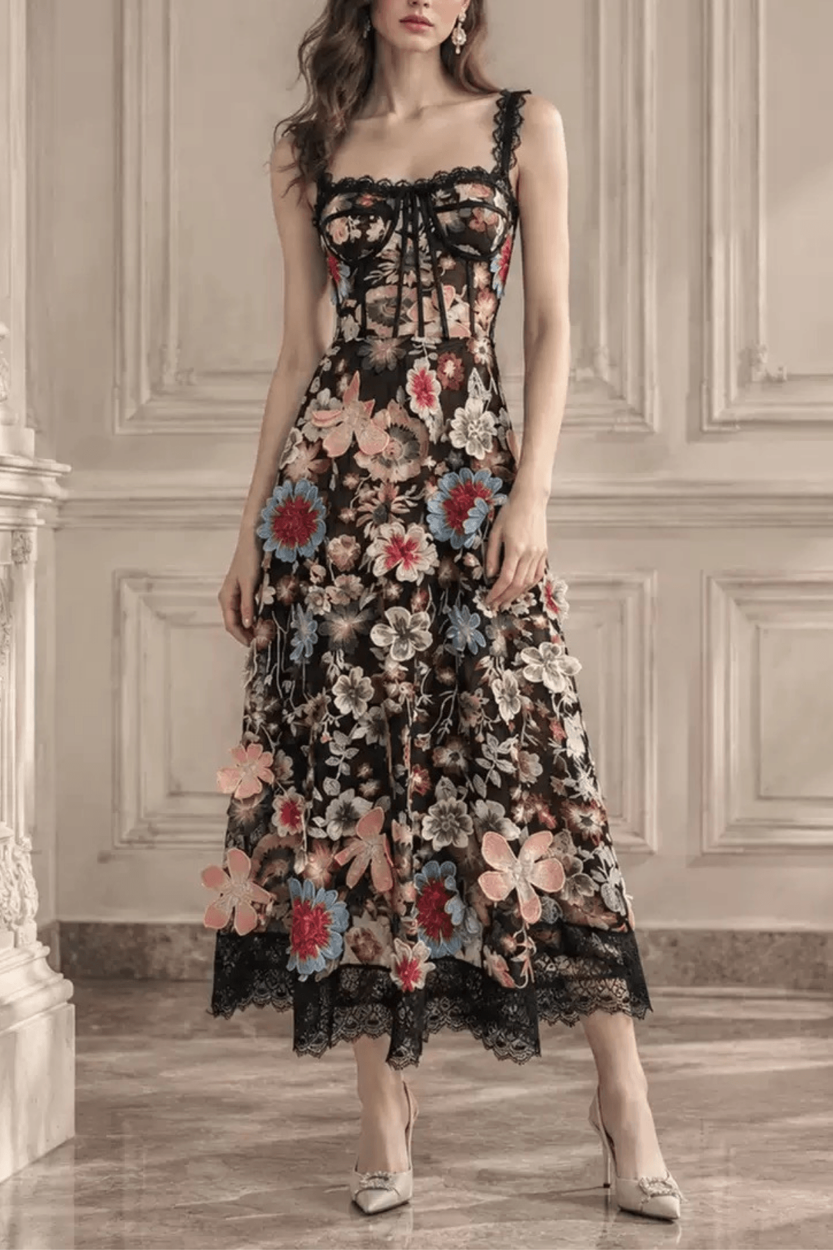 Anwar 3D Floral Corset Midi Dress Avalabel
