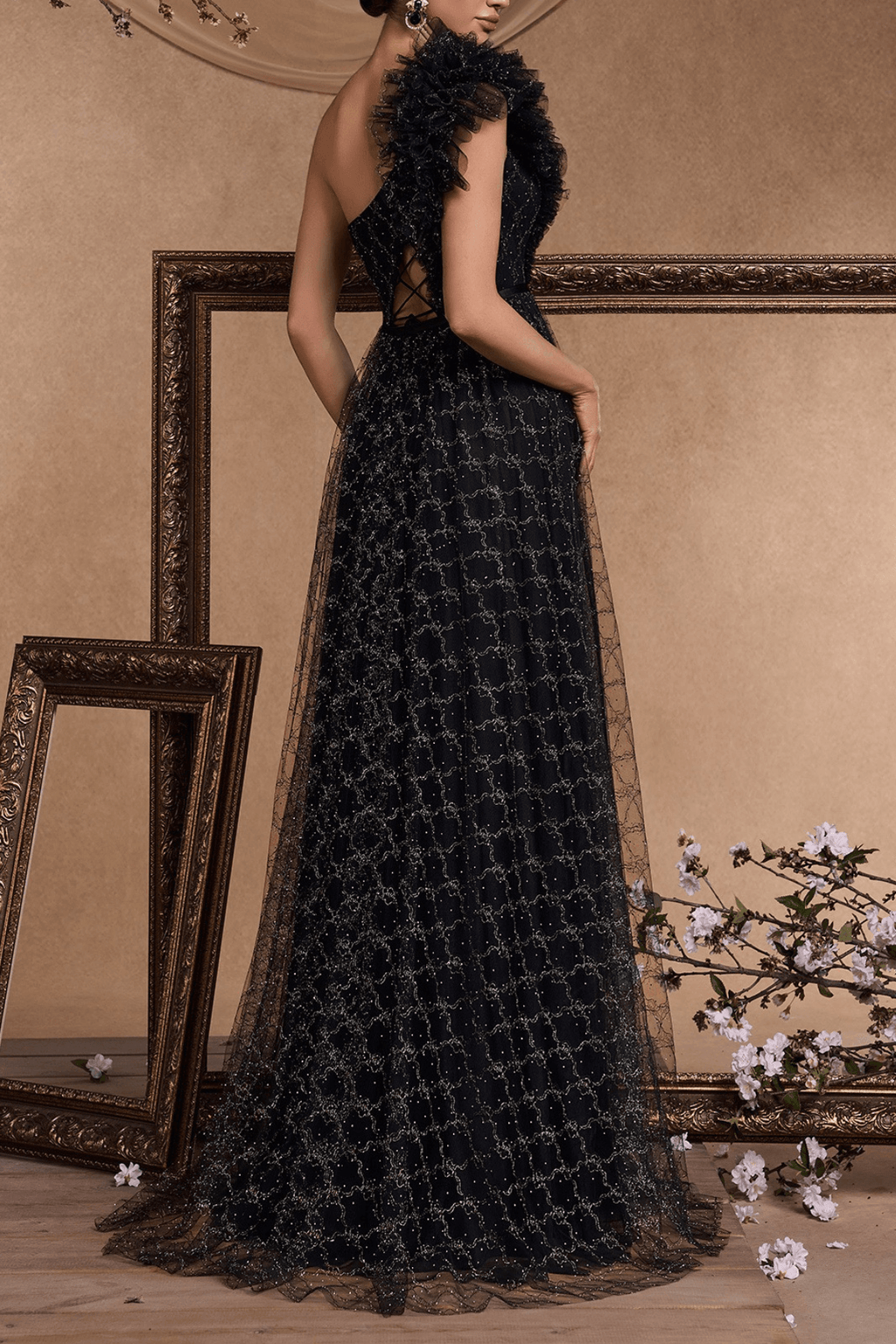 Vina One Shoulder Ruffle Embellished Tulle Slit Dress Avalabel