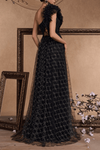 Vina One Shoulder Ruffle Embellished Tulle Slit Dress Avalabel