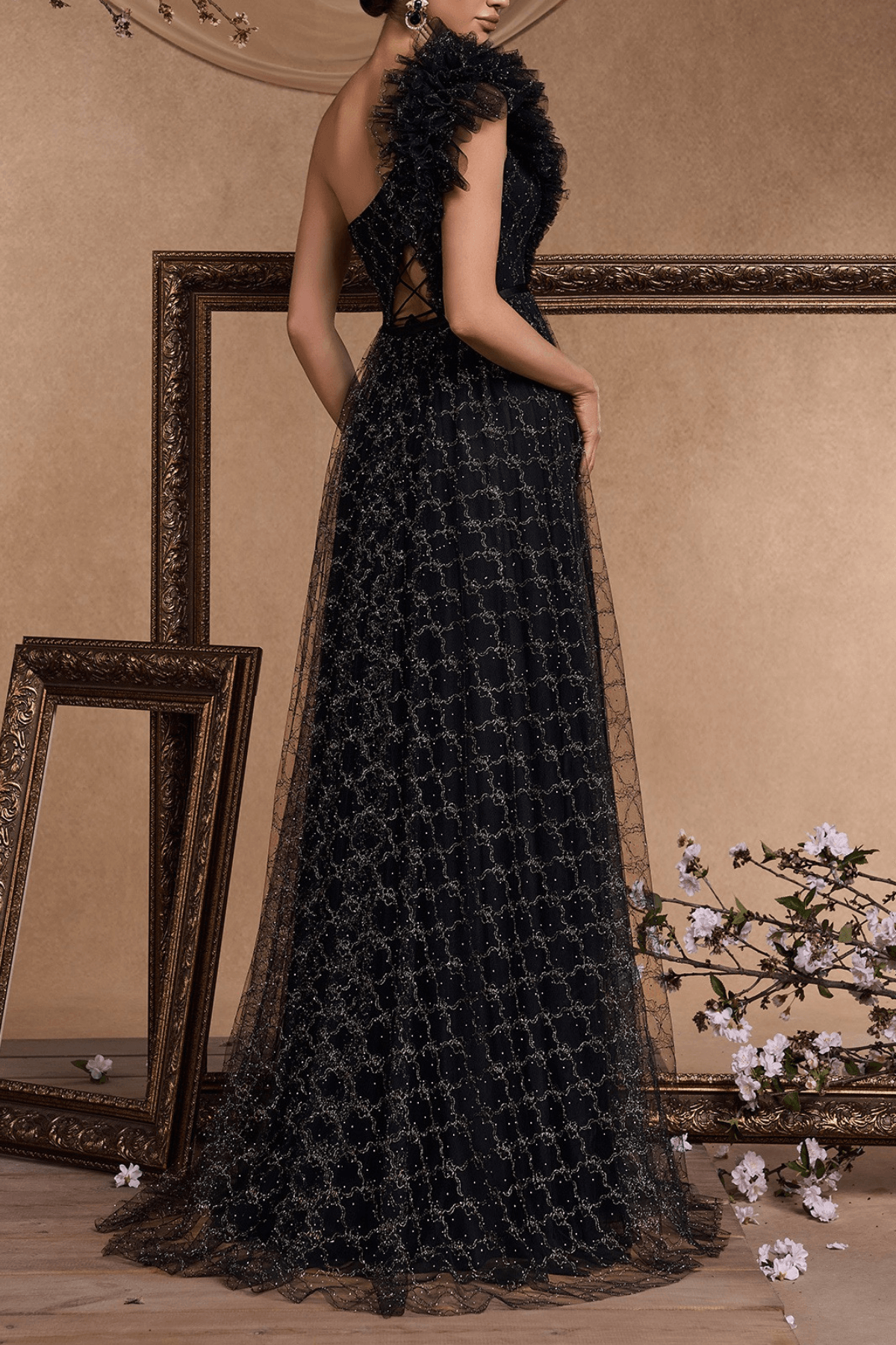 Vina One Shoulder Ruffle Embellished Tulle Slit Dress Avalabel