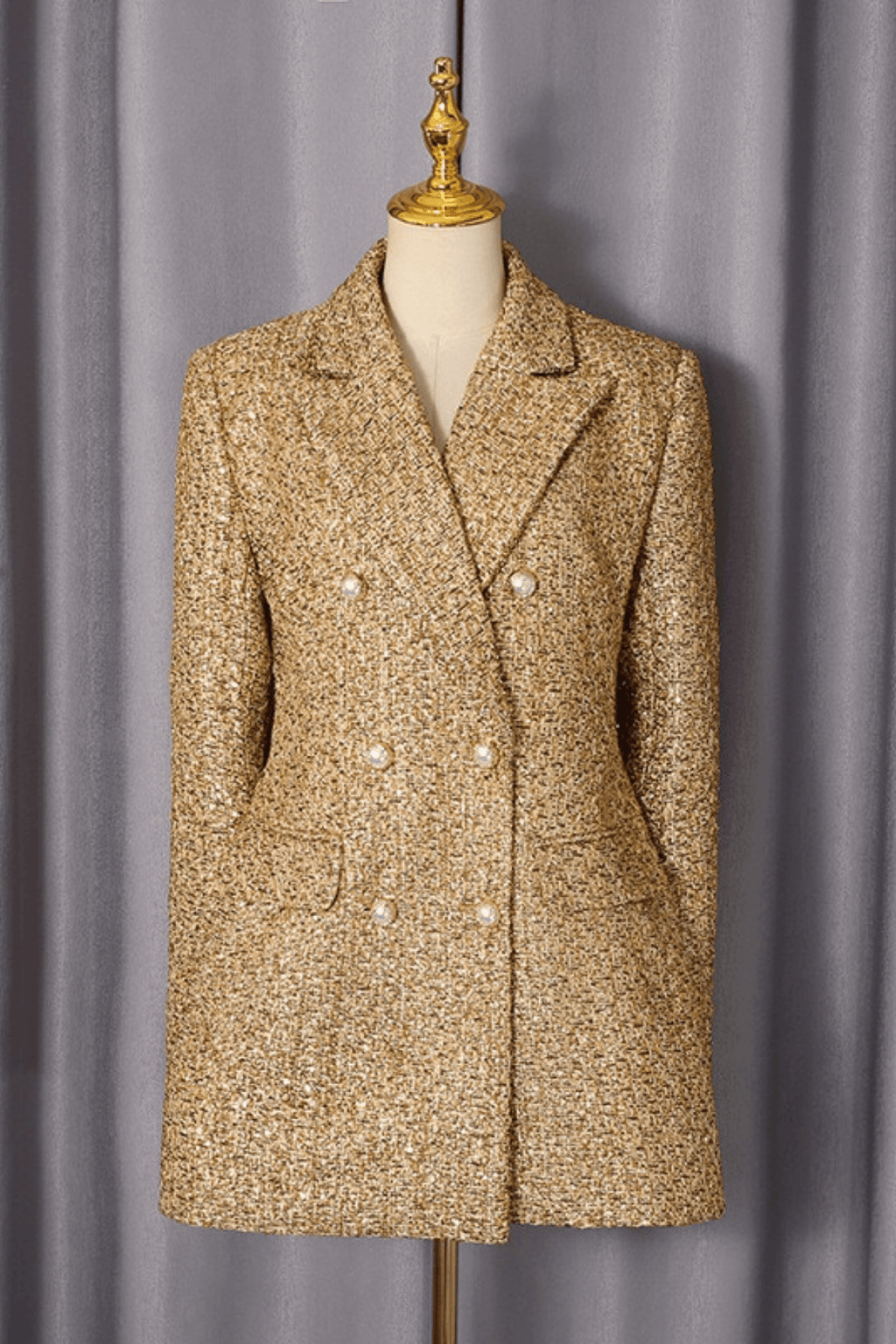 Karen Gold Tweed Double Breasted Fitted Blazer Avalabel