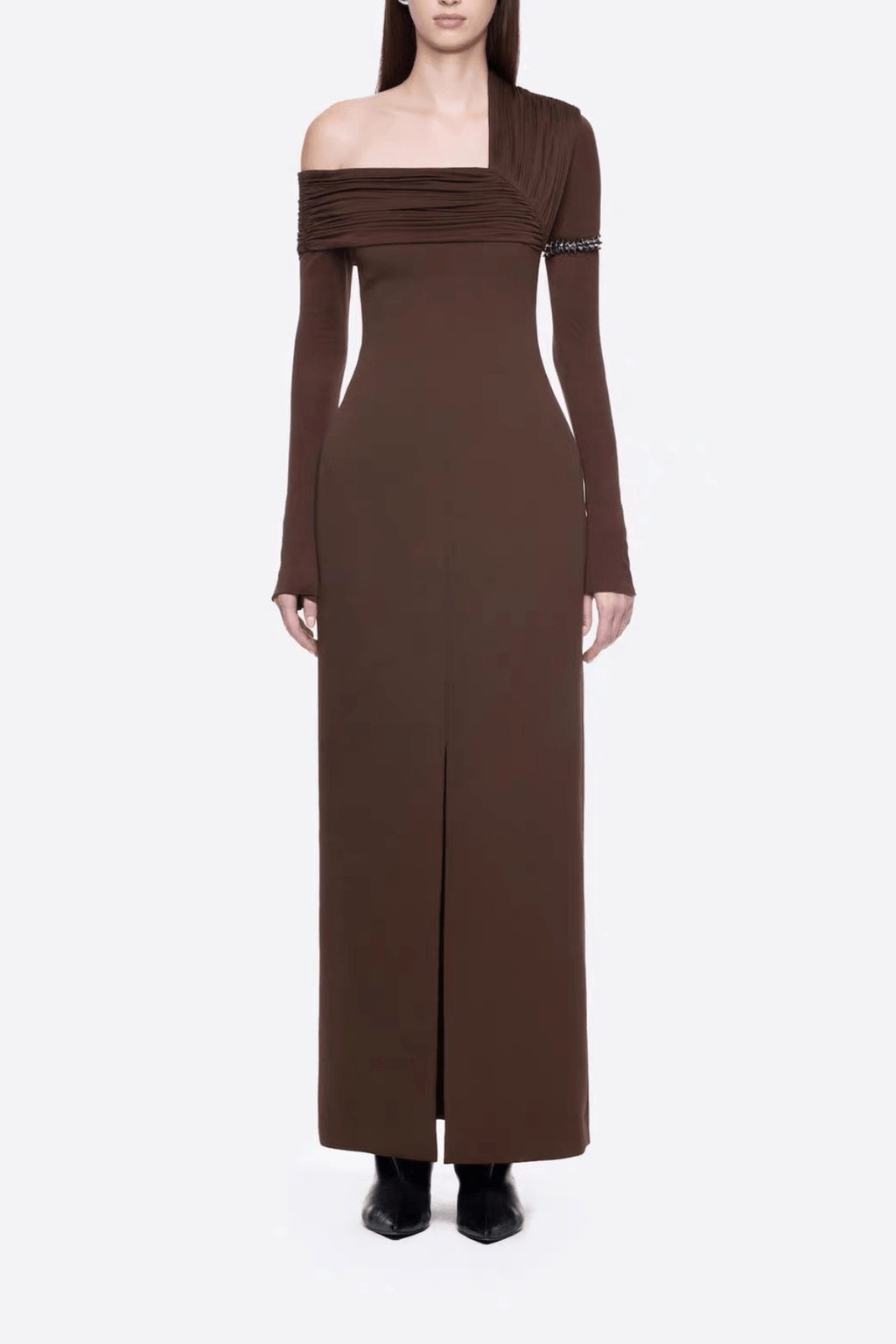 Aria Brown Asymmetrical Off Shoulder Slit Maxi Dress Avalabel
