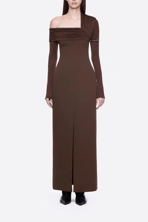 Aria Brown Asymmetrical Off Shoulder Slit Maxi Dress Avalabel