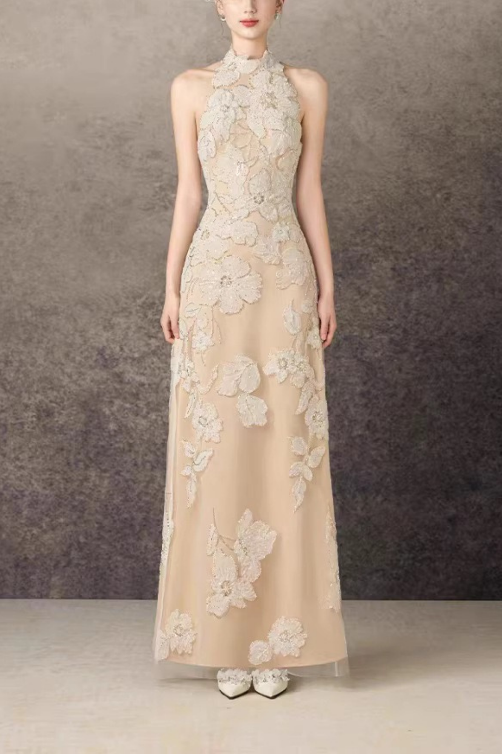 Elena Halter Neck 3D Floral Lace Beige Maxi Dress Avalabel