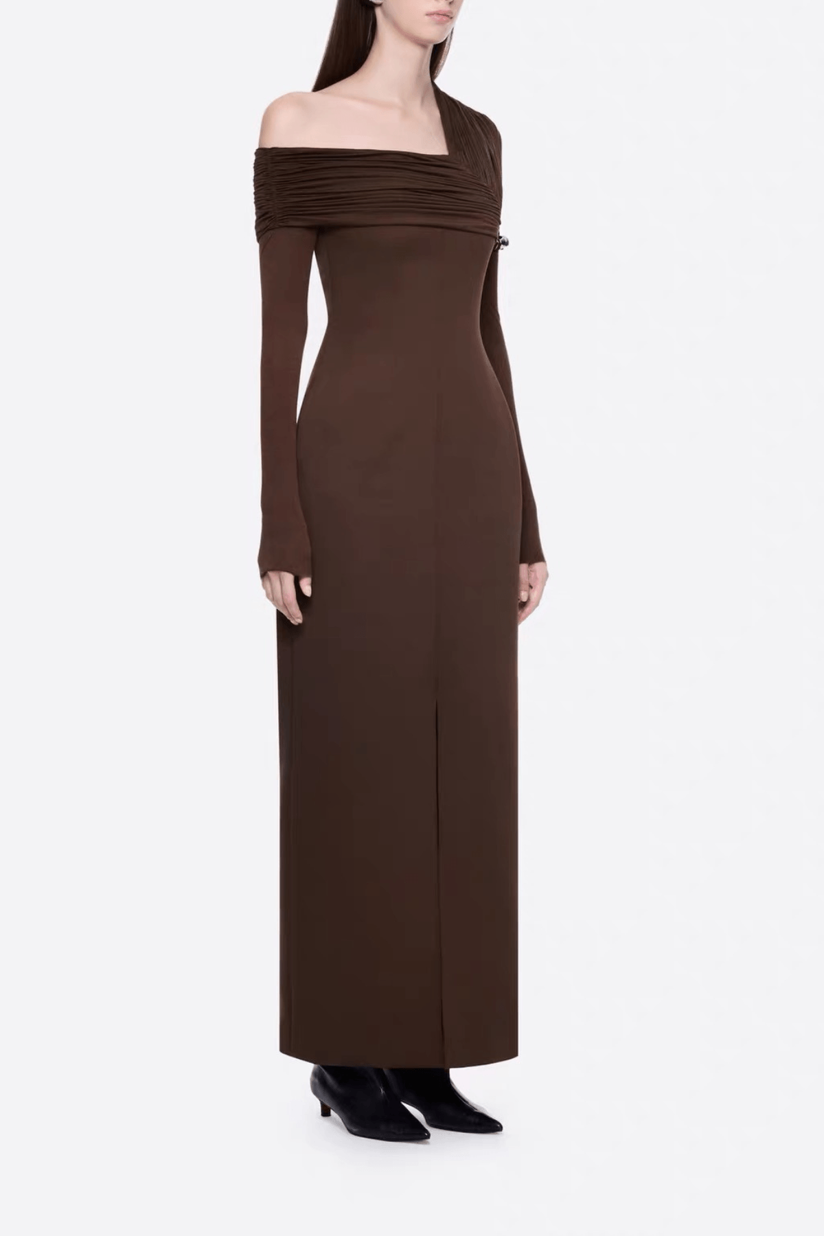 Aria Brown Asymmetrical Off Shoulder Slit Maxi Dress Avalabel