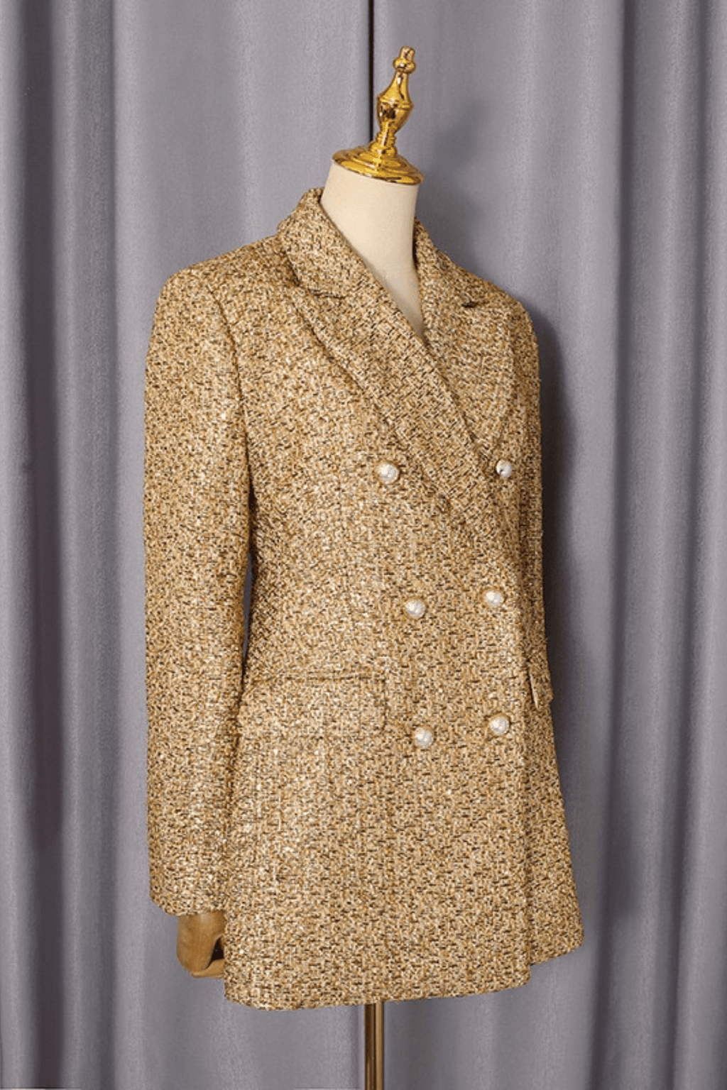 Karen Gold Tweed Double Breasted Fitted Blazer Avalabel