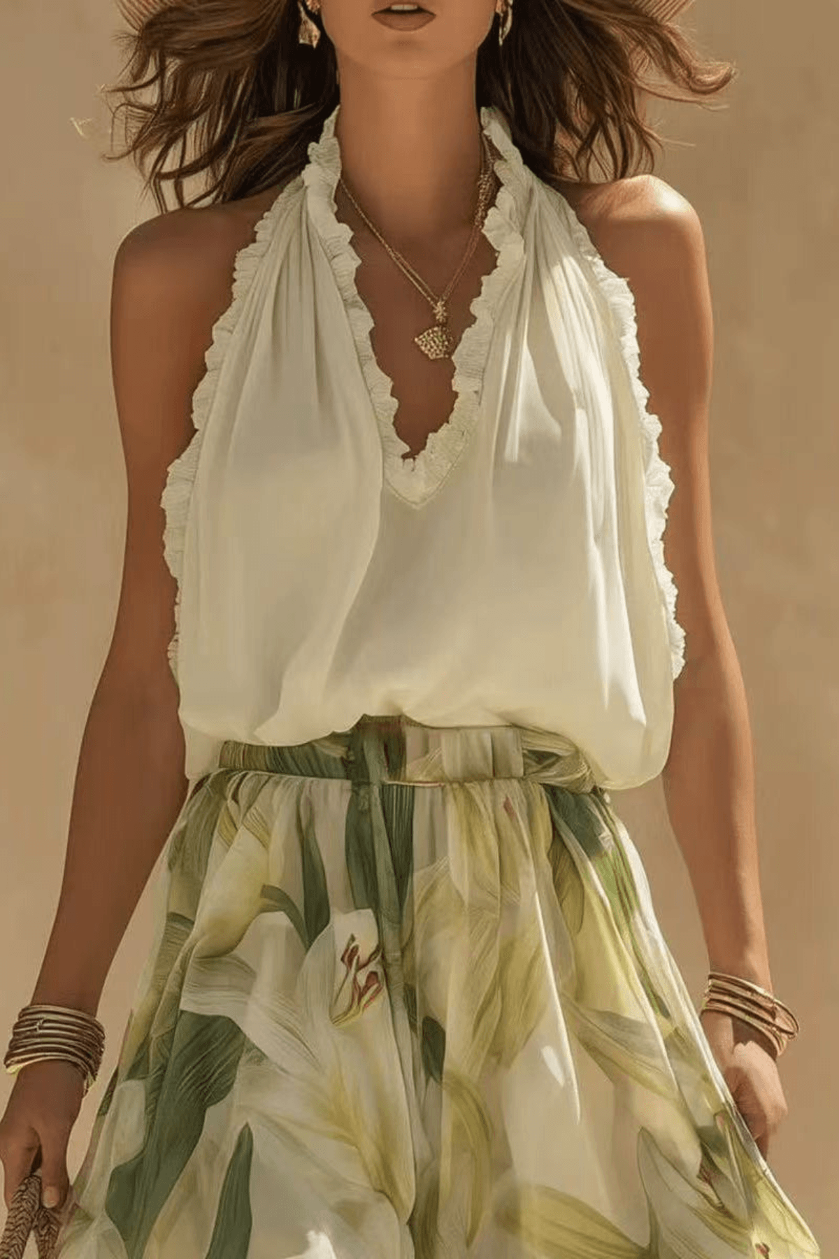 Ruffle Halter Top & Floral Maxi Skirt Matching Set Avalabel