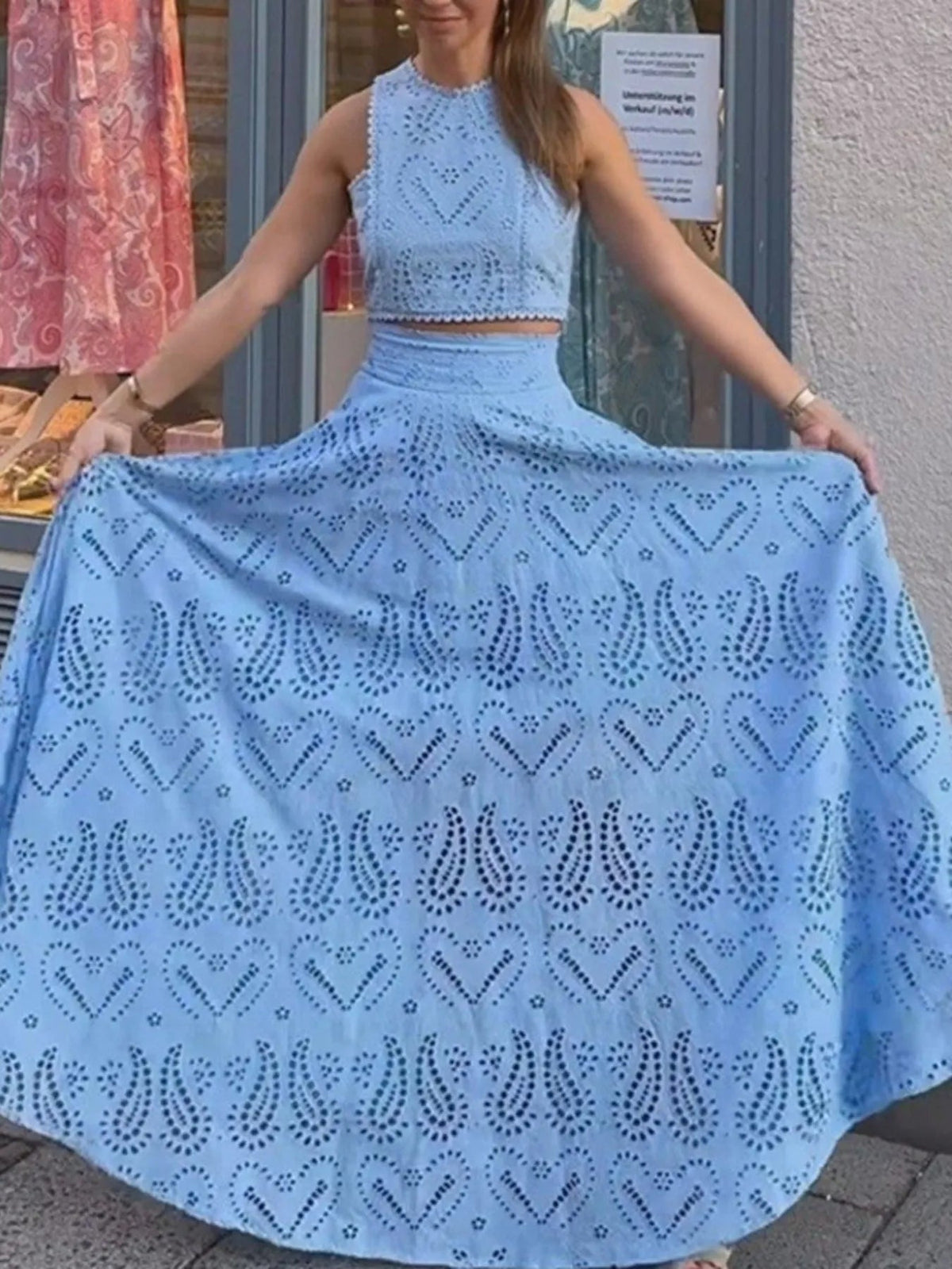 Eyelet Lace Top and Maxi Skirt Set Avalabel