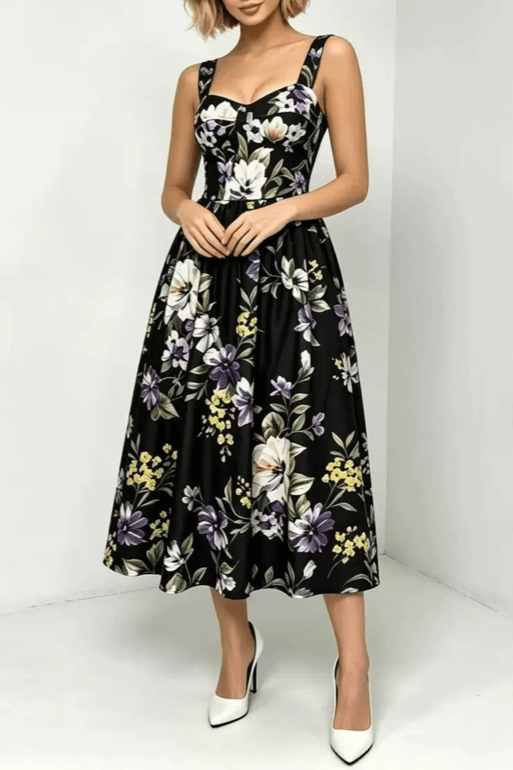 Kiara Floral Print Flared Midi Dress Avalabel