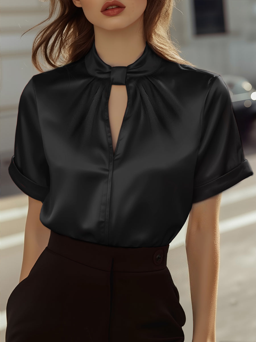 Sophisticated White Satin Blouse with Modern Keyhole Neckline Avalabel