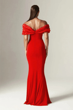 Iris Red Off Shoulder Satin Mermaid Maxi Dress Avalabel