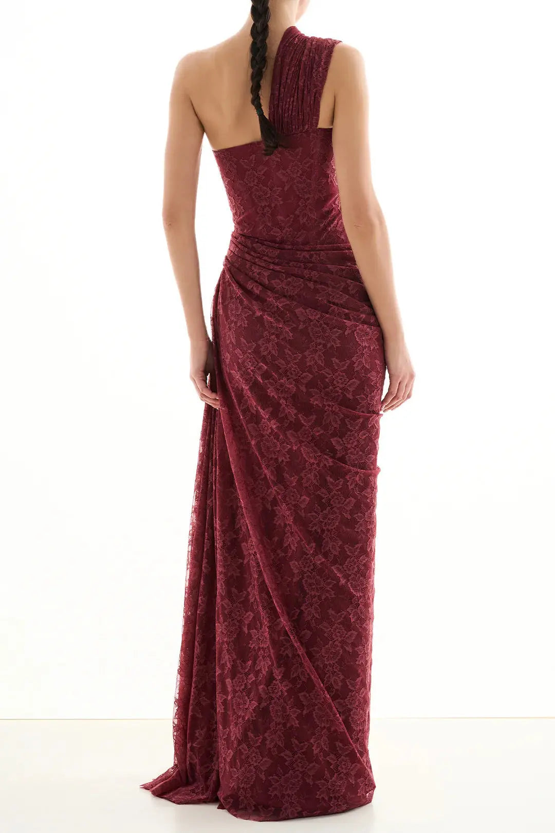 Wendy one-shoulder Lace maxi Dress In Burgundy Avalabel