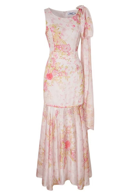 Vivienne Pink Floral One-Shoulder Maxi Dress with Bow Sash
