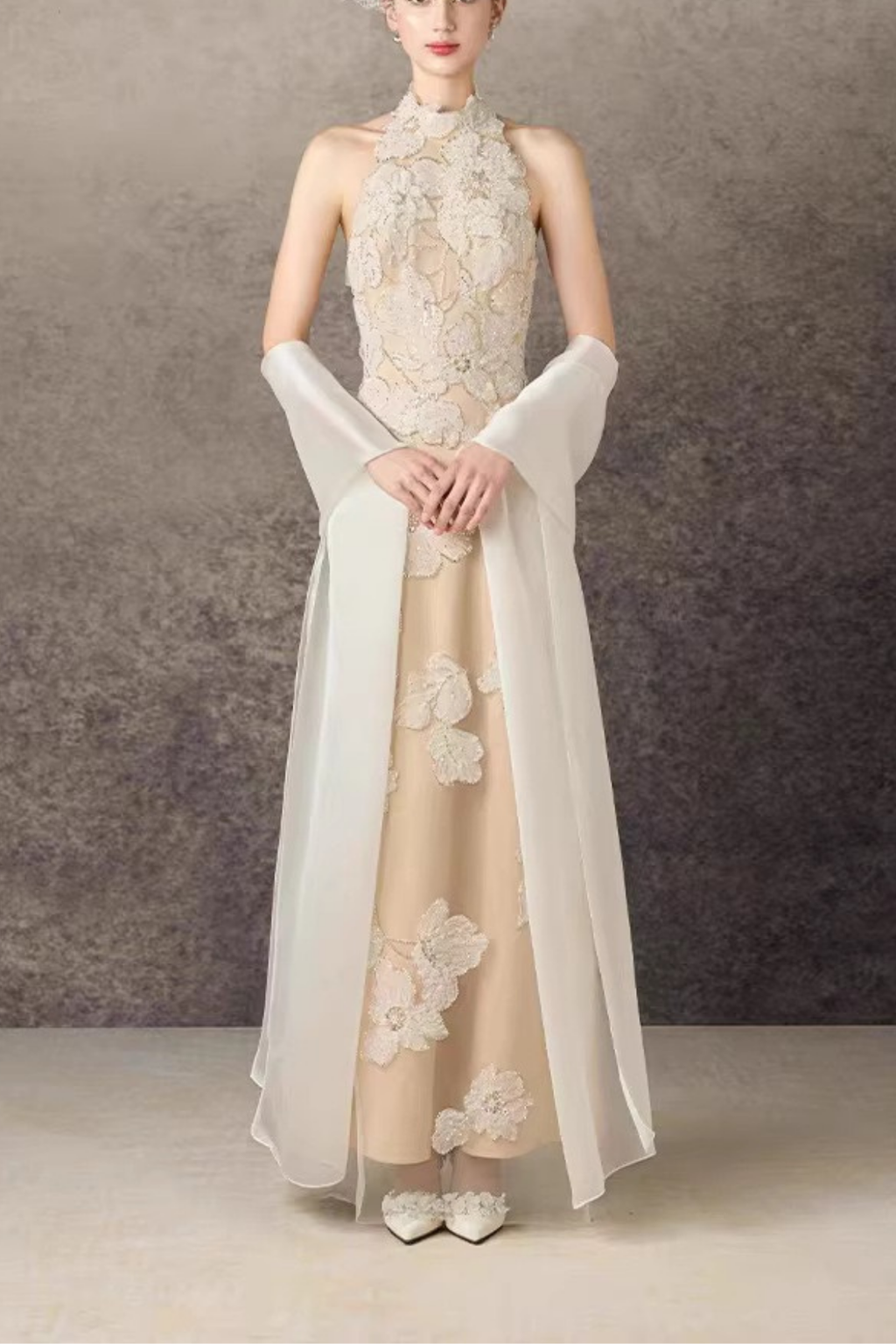 Elena Halter Neck 3D Floral Lace Beige Maxi Dress Avalabel
