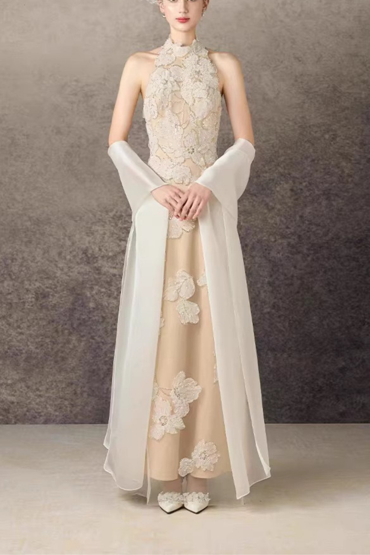 Elena Halter Neck 3D Floral Lace Beige Maxi Dress Avalabel