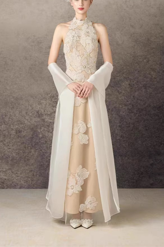 Elena Halter Neck 3D Floral Lace Beige Maxi Dress Avalabel