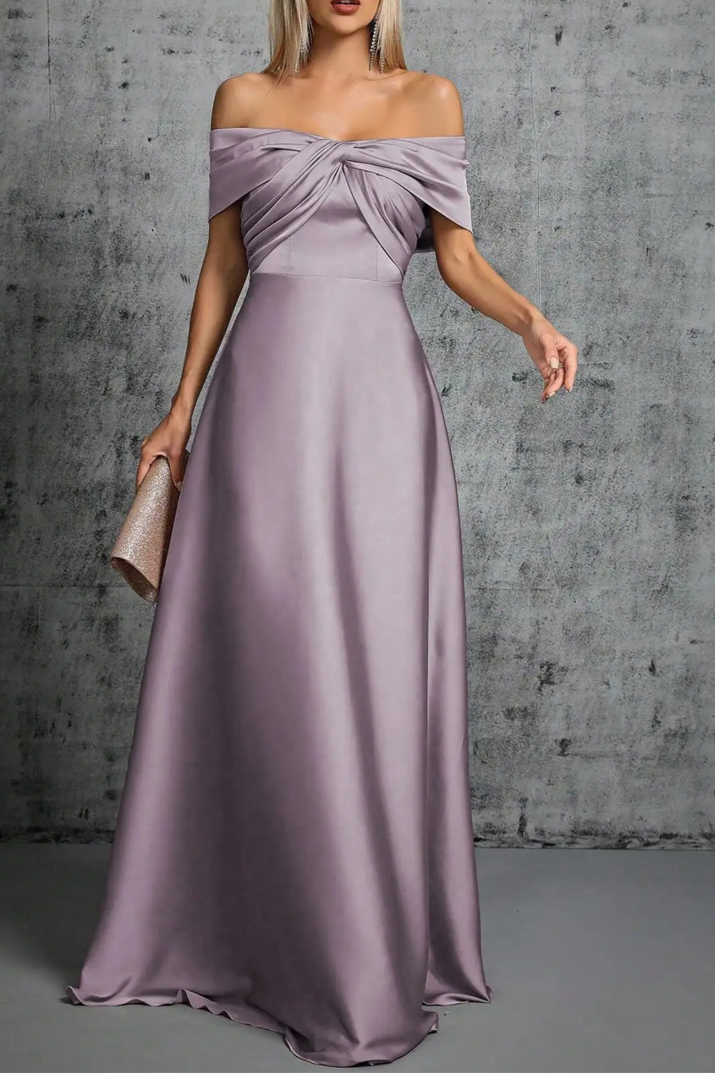 Rita Dusty Purple Satin Off‑Shoulder Twist Dress Avalabel