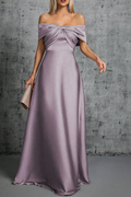 Rita Dusty Purple Satin Off‑Shoulder Twist Dress Avalabel