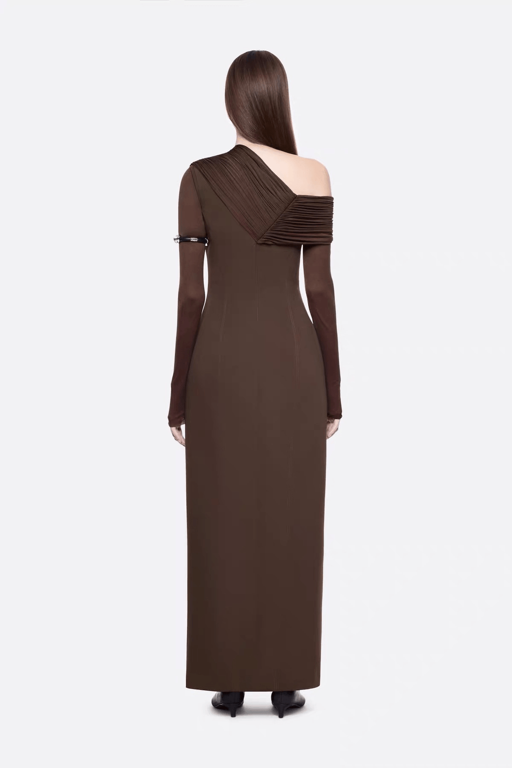 Aria Brown Asymmetrical Off Shoulder Slit Maxi Dress Avalabel