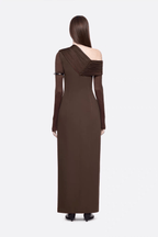 Aria Brown Asymmetrical Off Shoulder Slit Maxi Dress Avalabel