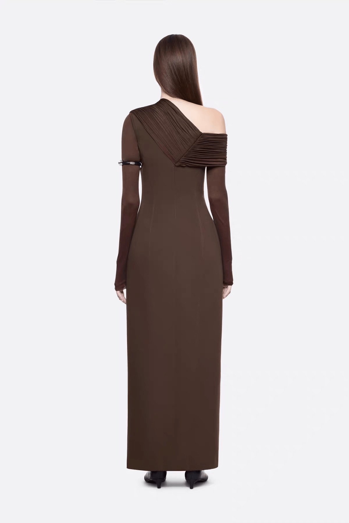 Aria Brown Asymmetrical Off Shoulder Slit Maxi Dress Avalabel
