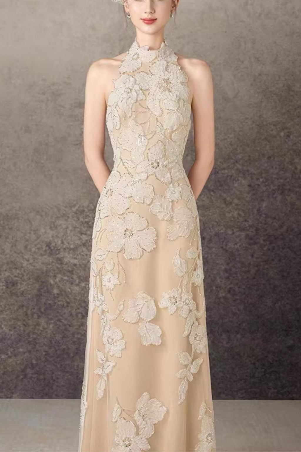 Elena Halter Neck 3D Floral Lace Beige Maxi Dress Avalabel