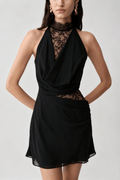 Black Lace Halter Neck Ruched A Line Mini Dress Avalabel