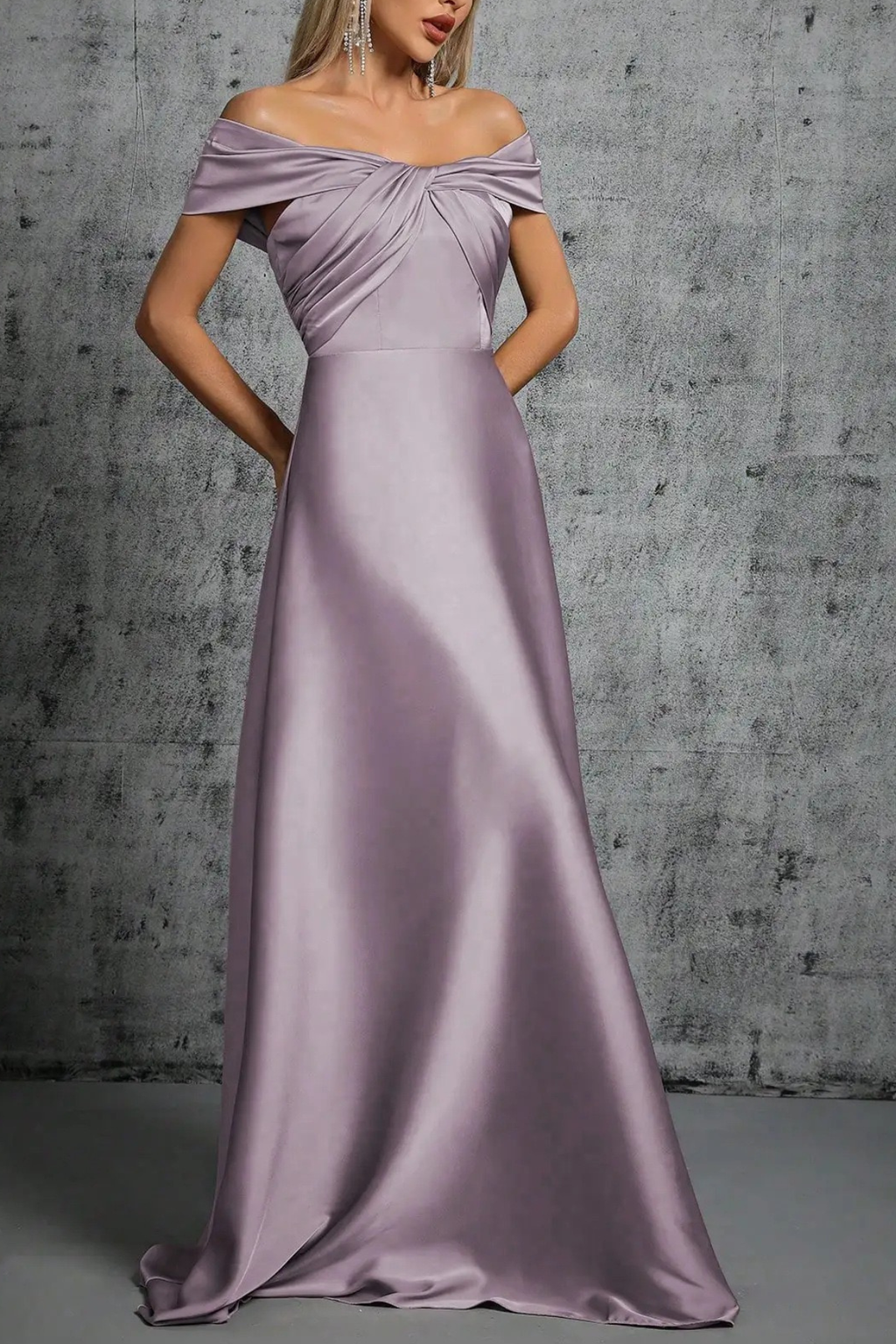 Rita Dusty Purple Satin Off‑Shoulder Twist Dress Avalabel