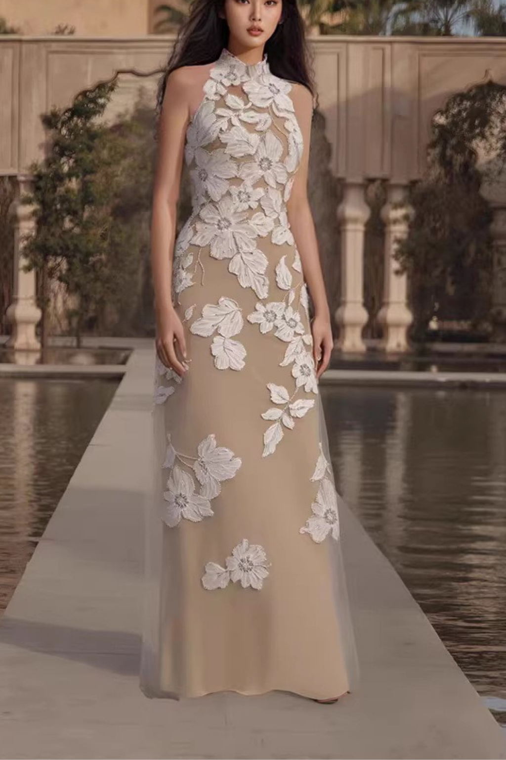 Elena Halter Neck 3D Floral Lace Beige Maxi Dress Avalabel