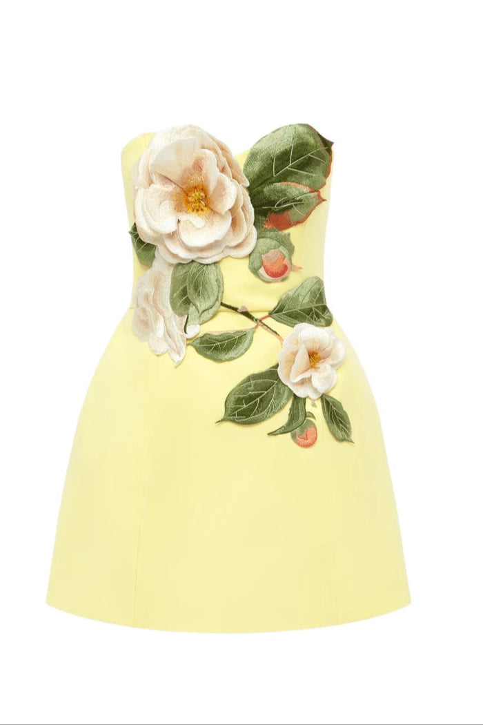 Suzanne Appliqué Floral Bustier Mini Dress in Yellow Avalabel