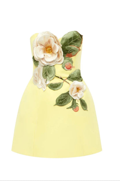 Suzanne Appliqué Floral Bustier Mini Dress in Yellow